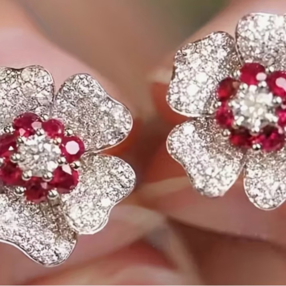 Dazzling Floral Silver and Red Earrings